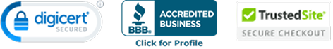 Digicert secured, BBB accredited business, TrustedSite secure checkout